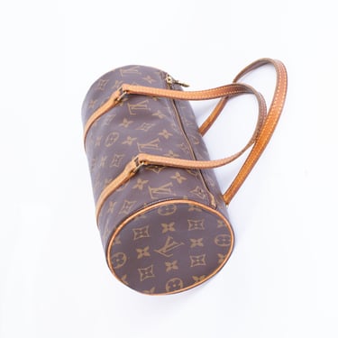 Louis Vuitton Monogram Papillon 26 Pochette Bag in Coated Canvas + Vachetta Leather LV Tote 90s Y2K Logo Cylinder Barrel Tube 