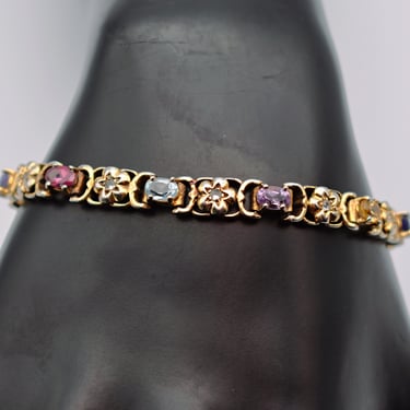 80's sterling vermeil multi-gemstone Byzantine bracelet, floral THAI 925 silver bling link bracelet 