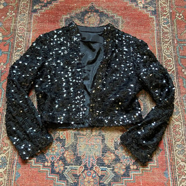 1960s Designer Embellished Black Sparkle Cropped Jacket XS S by TimeBa