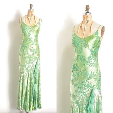 Vintage 1990s Dress / 90s Diane Freis Floral Silk Beaded Gown / Green ( S M L ) 
