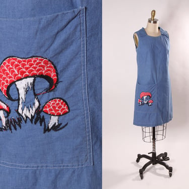 Late 1960s Early 1970s Denim Chambray Sleeveless Novelty Red Embroidered Mushroom Pocketed Dress by Loungecraft -S 