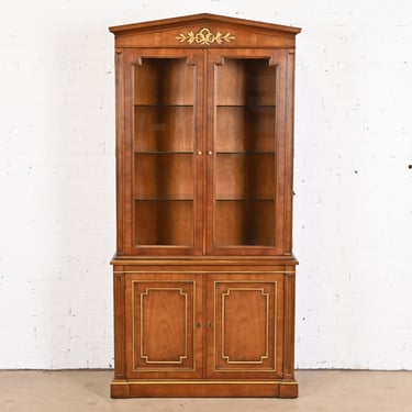 Kindel Furniture Neoclassical Cherry Wood and Gold Gilt Lighted Breakfront Bookcase Cabinet