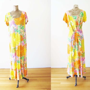 90s Jams World Maxi Dress M  - Vintage 1990s Yellow Green Floral Tropical Print Long Summer Sundress - Vacation Clothing 