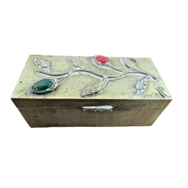 Vintage Chinese Brass Stamp Box Or Trinket Box W/ Cabochons & Vine Floral Design 