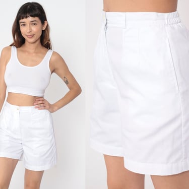90s Trouser Shorts Pure White Pleated Preppy Shorts High Waisted Cotton Blend Summer Bottoms High Waist Vintage 1990s Medium 8 Petite 