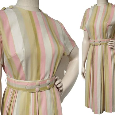Vintage 60s Pleated Dress Pink Striped Shirtwaist Novelty Buttons M 