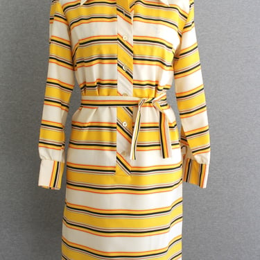 1970s - Shirt Dress - Striped - Yellow Stripe - Preppy - by Shirtknits - Silk Weight Rayon - Estimated size 14 