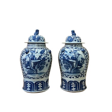 Pair of Chinese Blue White Porcelain Flower Bird Graphic Temple Jars ws2550E 
