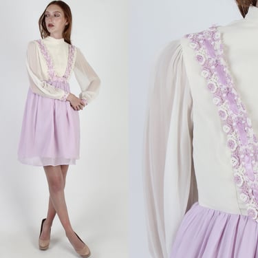 Ivory Chiffon Mini Dress / Plain Empire Waist Tuxedo Dress / See Through Sheer Sleeves / Vintage 60s Cream Mod Lace Bridal Mini Dress 