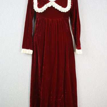 1970s - Red (Ox Blood) Velvet - Cottagecore - Party Dress - Empire Waist - Estimated size XS 