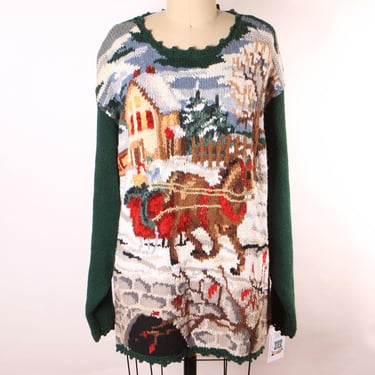 1980s 1990s Forest Green Novelty Knit Christmas Horse Sleigh Ride Pullover Sweater by Stefano Basics -XL 