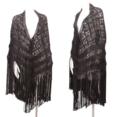 20s black knotted silk ribbon fringe shawl / vintage 1920s antique crochet Deco flapper large wrap cape 