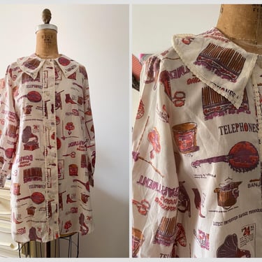 Vintage 1970’s Berkleigh Juniors nicely print tunic top | ‘70s Victorian print blouse, orange & purple, S 