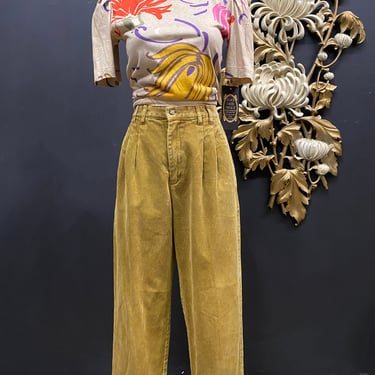 1980s corduroy pants, mustard yellow, vintage slacks, 27 waist, pleated high waist, gap, size small, 80s trousers, cotton, golden khaki 