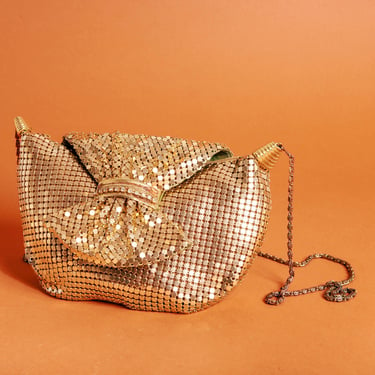 80s Gold Statement Bow Closure Mesh Clutch Vintage Evening Chainmail Formal Clutch Strap Purse 