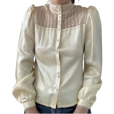 Vintage 1970s Gunne Sax Ivory Cream Satin Romantic Cottagecore Blouse Sz S 