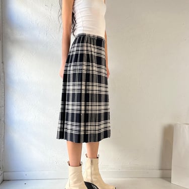 90s ‘St Michael’ Pleated Black and White Plaid Knit Skirt / M 