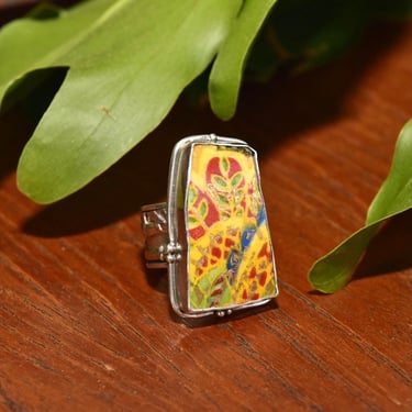 Vintage Artisan Sterling Silver Hand Painted Stone Statement Ring, Colorful Yellow Painted Scene, Wide Floral/Bamboo Band, Size 8 1/2 US 