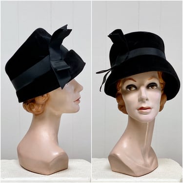 Vintage 1960s Black Fur Velour Bucket Hat by Eva Mae Modes, Audrey Hepburn Style, Large 
