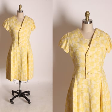 Late 1950s Butter Yellow and Cream Short Sleeve Button Up Over Jacket with Matching Cream Slip Dress by Christian Dior for Harzfeld’s -L 