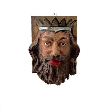 Antique Cast Iron Carousel Polychrome Painted King Mask Ornament Folk Art Wall Sculpture 