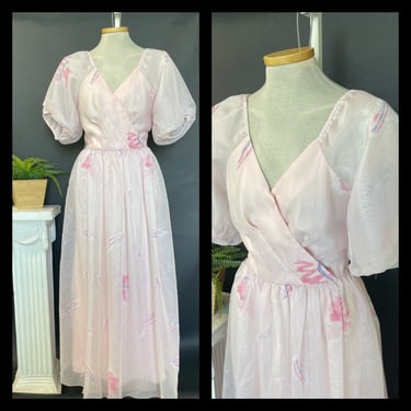 Vintage 1970s Sheer Puff Sleeve Maxi Dress Ethereal Pink Small Medium 