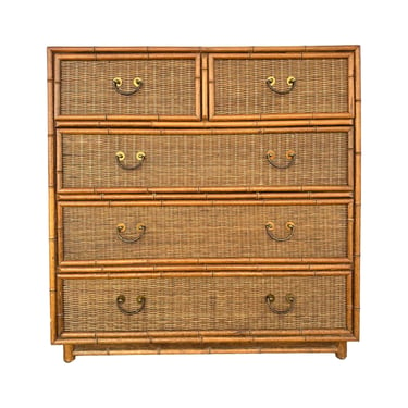 Rattan Chest of Drawers with Faux Bamboo Wood & Wicker 37” High - Vintage Hollywood Regency Coastal Boho Chic Campaign Style Furniture 