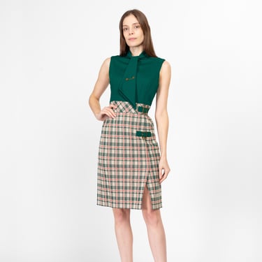 Medium 60s Green Plaid Ascot Mini Dress | Vintage Sleeveless Knee Length Secretary Dress 