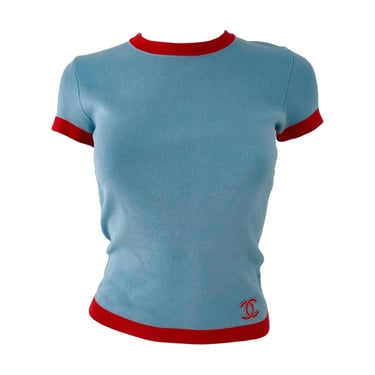 Chanel Blue + Red Ribbed Logo Top