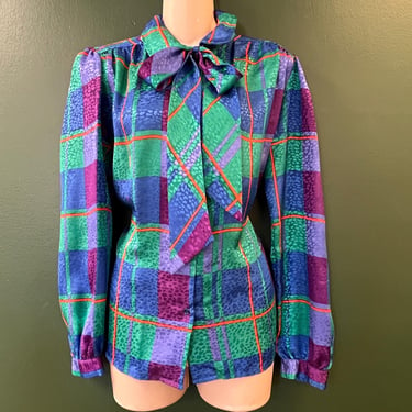 plaid pussy bow blouse vintage blue and green secretary ascot tie large 