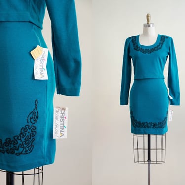 vintage skirt set | teal green knit mini skirt and crop top | 80s dress | women's vintage clothing 