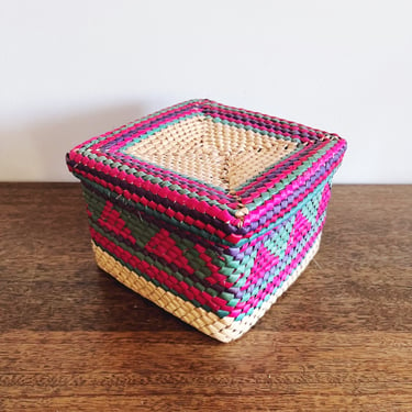 Vintage Colorful Mexican Palm Leaf Lidded Square Basket 