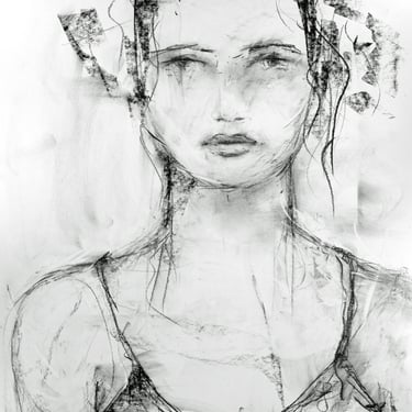 Expressive Female Portrait Painting - Loose Style Poster Sized Portrait - Black and White Art - Original XL Art - Ready to Frame - Charcoal 