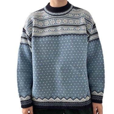 Vintage Mens Lands End Blue Wool Nordic Fair Isle Chunky Ski Sweater Sz L 