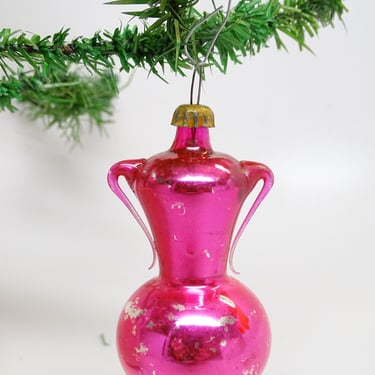 Antique Mercury Hand Blown Glass Painted Pink Urn, Vintage Christmas Tree Ornament 