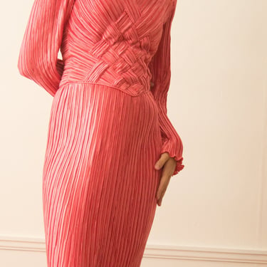 1980s George F Couture Pink Plissé Gown 