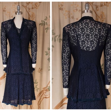 1930s Dress Set - The Demetria Set - Rare Late 30s Navy Blue Lace Set with Velvet Trim, Made up of Jacket, Skirt and Silk Slip 