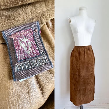 Vintage 1970s Anne Klein Brown Suede Midi Skirt / 24" 