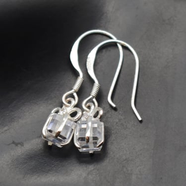 Kitsch 80's sterling crystal Xmas present dangles, 925 silver glass & rhinestone gift box earrings 