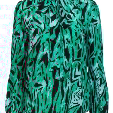Rixo - Green & Black Silk Animal Print Blouse w/ Necktie Sz S