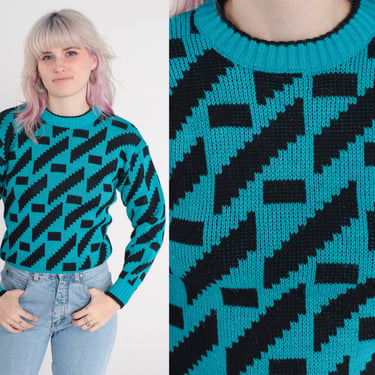 Geometric Sweater 80s 90s Turquoise Knit Pullover Cropped Slouchy Jacquard Sweater 1990s Statement Black Vintage Knitwear Extra Small xs 