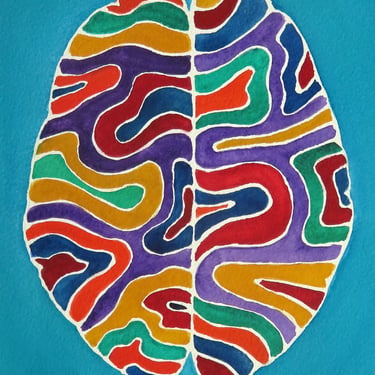 Meandering Paths Brain -  original watercolor painting - neuroscience art 