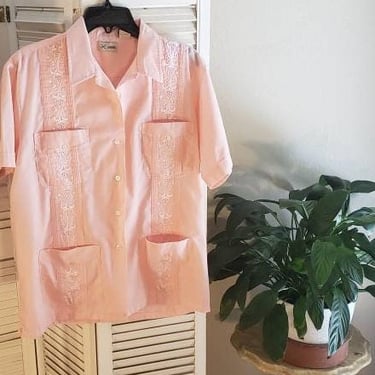 Vintage 80s Pink/White Embroidered Guayaberra Shirt L 