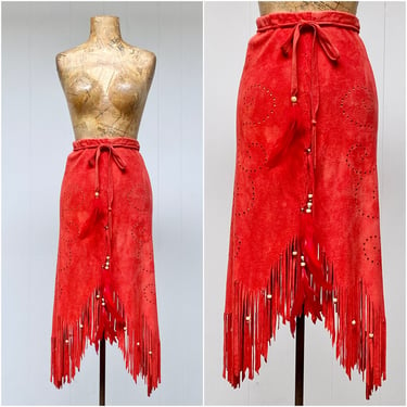 Vintage 1970s North Beach Leather Fringed Wrap Skirt, Michel Jacques Tomato Orange Chamois Rich Hippie, Small to Medium 