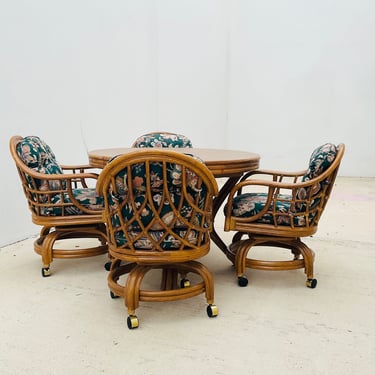 Bamboo / Rattan Circular Dining Table With 4 Chairs On Castors