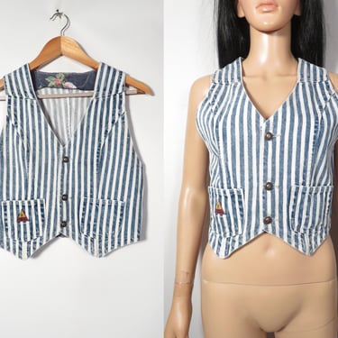 Vintage 80s/90s Denim Striped Vest Size S 