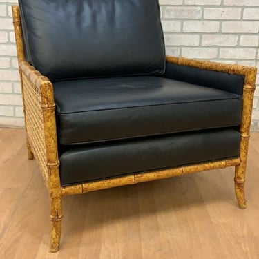 Vintage Interior Crafts Cane, Faux Bamboo and Black Leather Club Lounge Chair