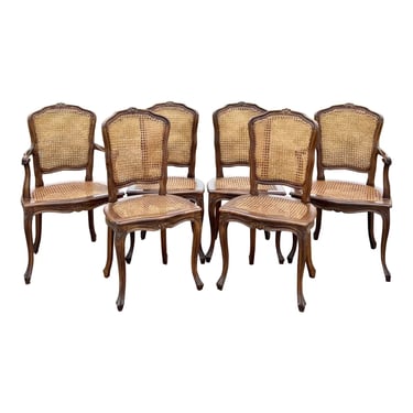 Vintage Carved Country French Caned Dining Chairs - Set of 6 