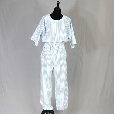 80s Maternity Jumpsuit - Light Blue and White Stripes - Elastic Waist - Zip Front - Cool Pockets - Vintage 1980s - M L 