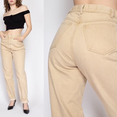 Medium 80s Tan High Waisted Jeans | Vintage Denim Tapered Leg Long Inseam Mom Jeans 